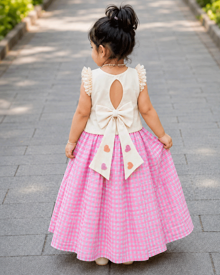 Pink and cream check pattern heart embroidery ethnic lehenga choli for baby girl – front view, Stanwells Kids