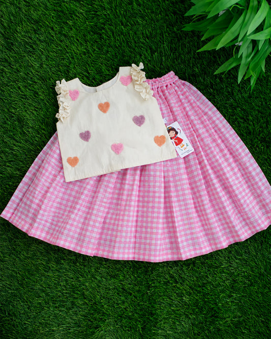 Pink and cream check pattern heart embroidery ethnic lehenga choli for baby girl – front view, Stanwells Kids