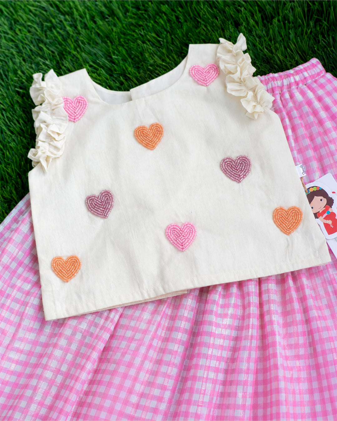 Pink and cream check pattern heart embroidery ethnic lehenga choli for baby girl – front view, Stanwells Kids