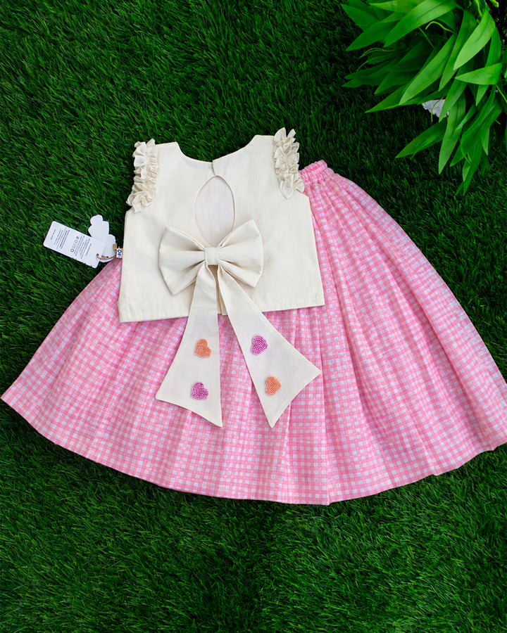 Pink and cream check pattern heart embroidery ethnic lehenga choli for baby girl – front view, Stanwells Kids