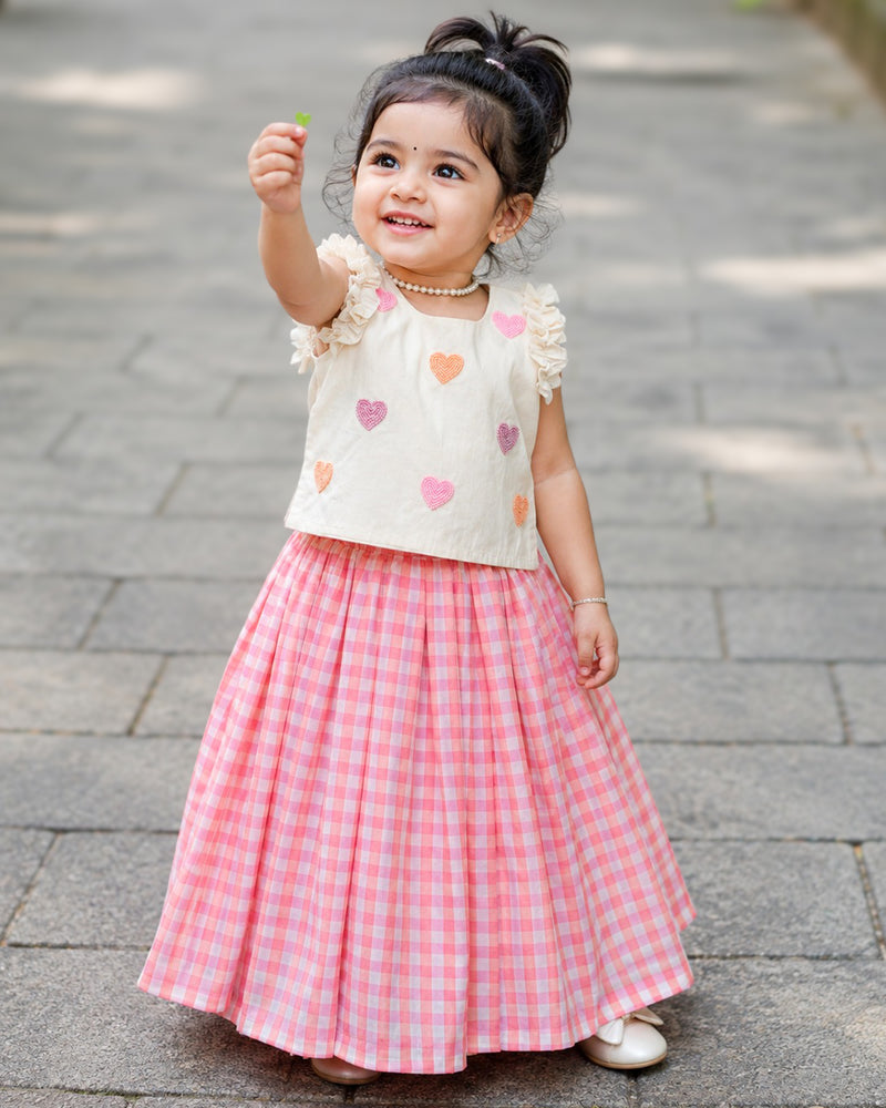 Pink & Cream Check Pattern Heart Embroidery Ethnic Lehenga Choli for Baby Girl – Stanwells Kids