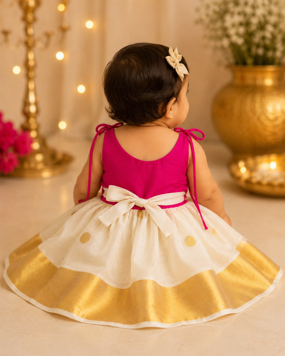 Pink Cream Kerala Handloom Tissue Embroidery Frock for Baby Girl – Stanwells Kids