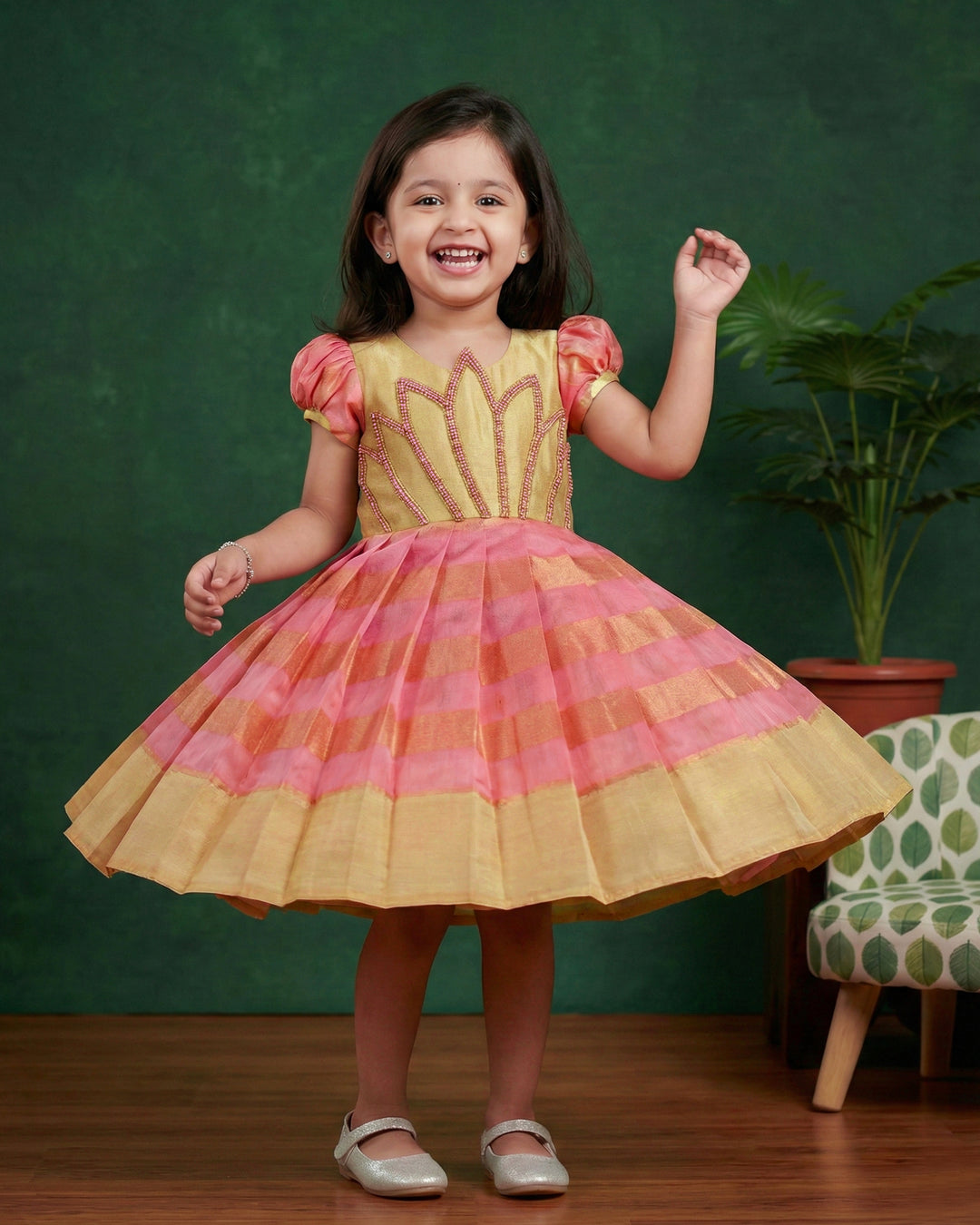 Pink Gold Tissue Ethnic Frock | Baby Girls Birthday Party Dress Stanwells Kids Pink Gold Tissue Ethnic Frock | Baby Girls Birthday Party Dress Stanwells Kids