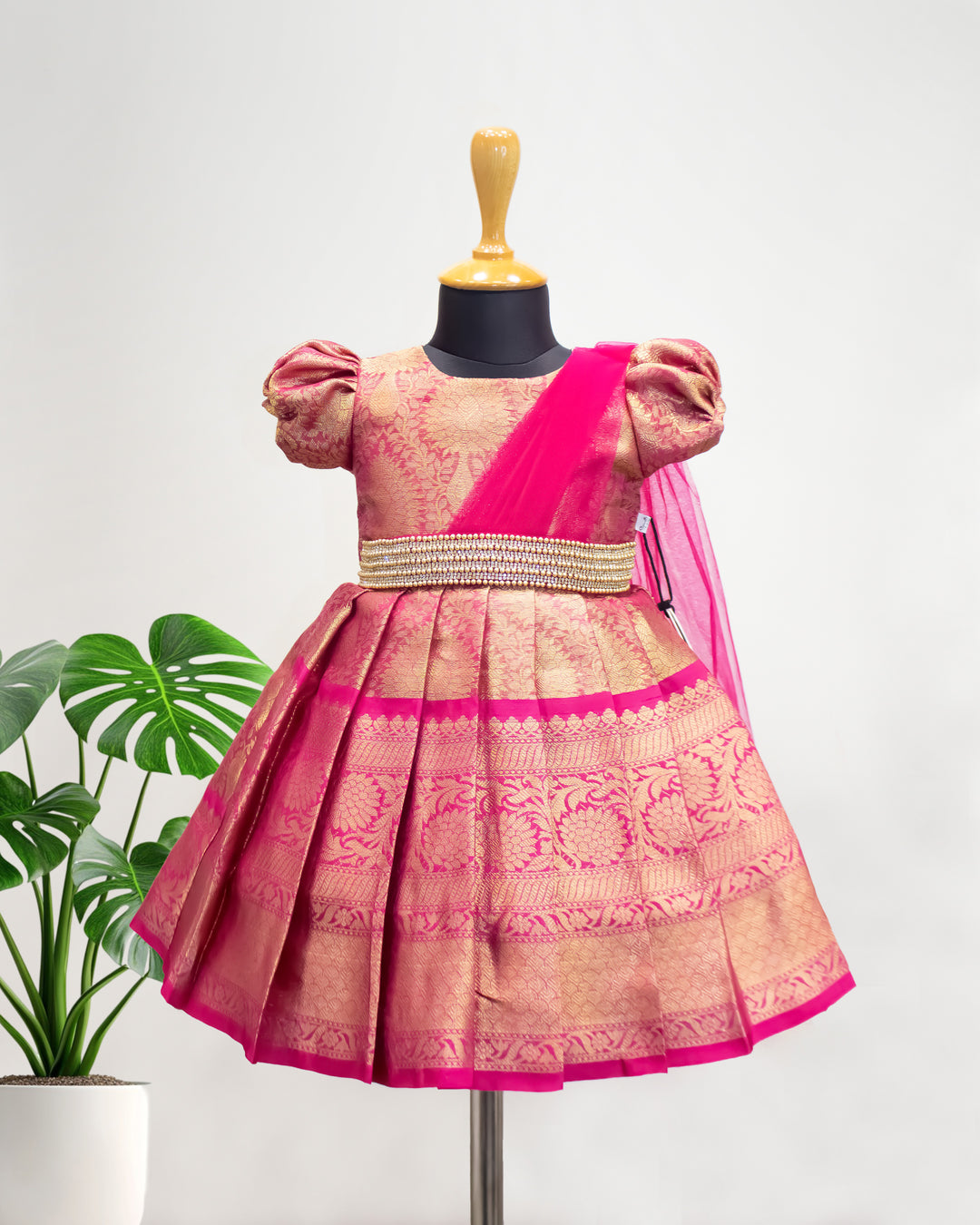 Pink Jacquard Handwork Silk Frock – Ethnic Partywear Birthday Dress for Baby Girls by Stanwells Kids