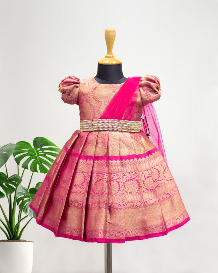 Pink Jacquard Handwork Silk Frock – Ethnic Partywear Birthday Dress for Baby Girls by Stanwells Kids