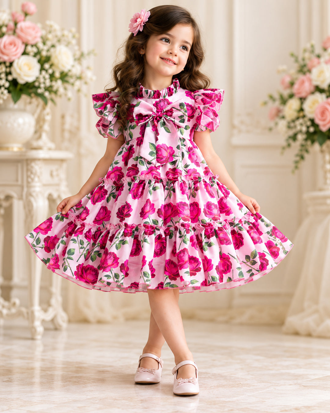 Pink Rose Floral Printed Chiffon Wavy Flared Frock – Front View – Stanwells Kids