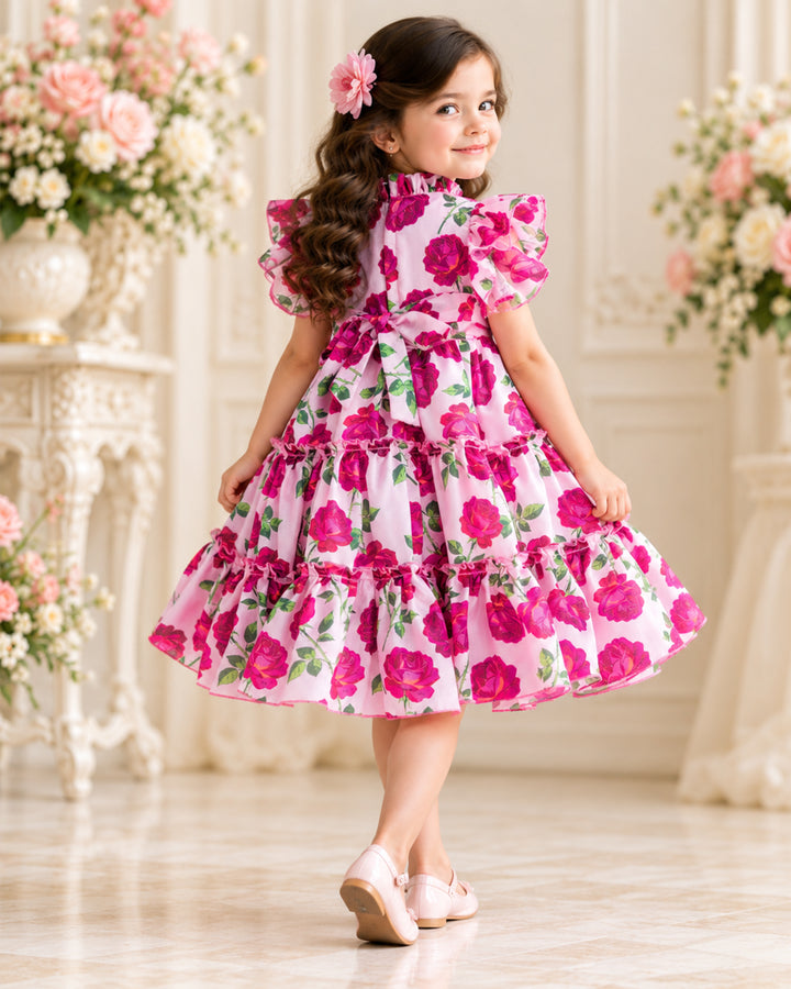 Wavy Flared Chiffon Frock in Pink Rose Floral Print – Side View – Stanwells Kids