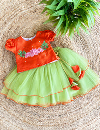 Pista Green & Orange Combo Baby-Girls Flower Embroidery Skirt & Top