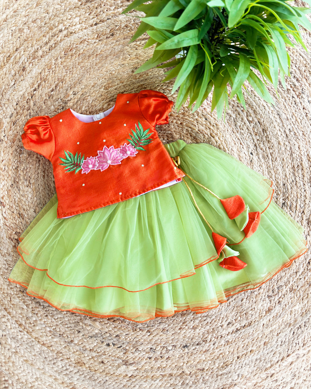 Orange and Pista Green Flower Embroidery Skirt and Top for Baby Girls