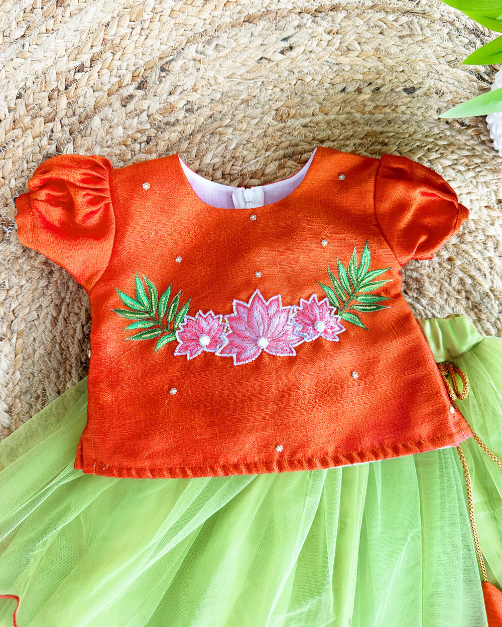 Orange and Pista Green Flower Embroidery Skirt and Top for Baby Girls