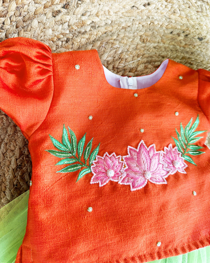 Orange and Pista Green Flower Embroidery Skirt and Top for Baby Girls