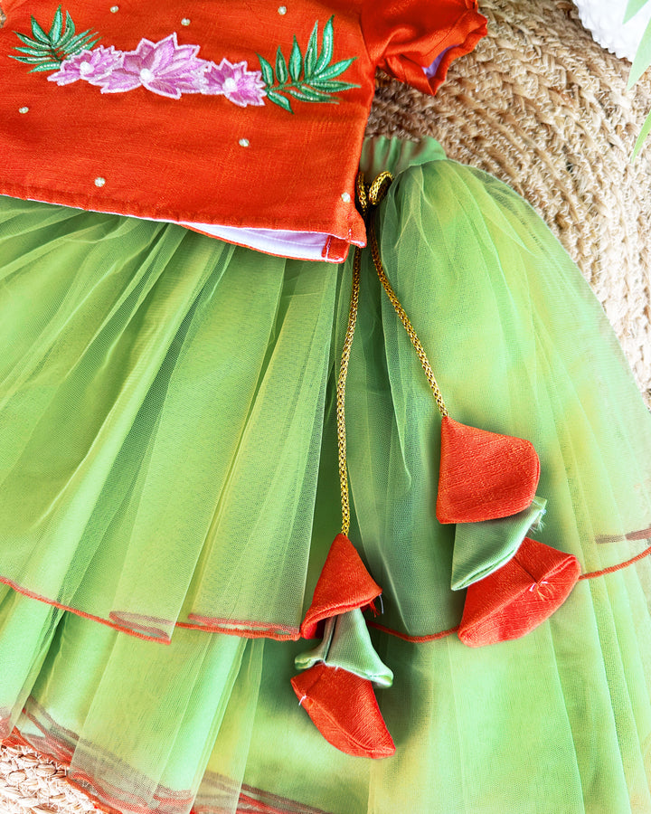 Orange and Pista Green Flower Embroidery Skirt and Top for Baby Girls