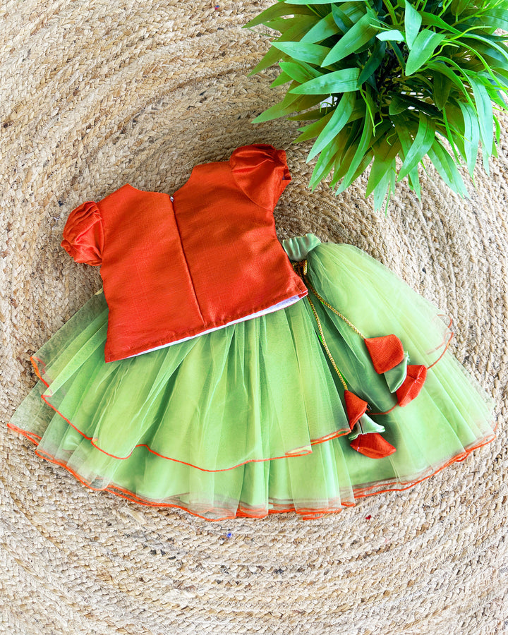 Orange and Pista Green Flower Embroidery Skirt and Top for Baby Girls