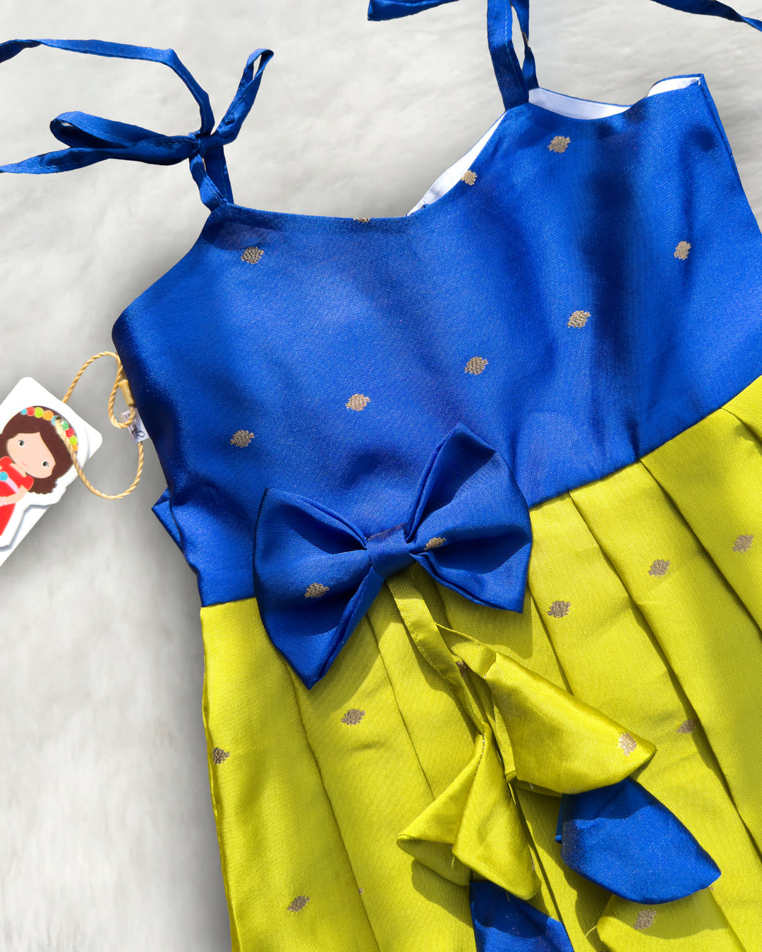 Tie-on-shoulder design on pista green royal blue Kettuduppu frock – Stanwells Kids