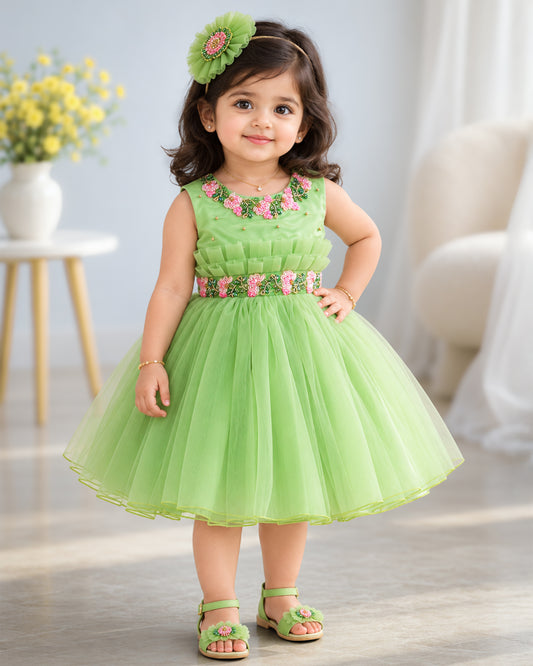 Pista Green Flower Handwork Pleated Partywear Frock