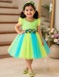 Pista Green Sky Blue Handwork Flower Frock for Baby Girl – Stanwells Kids