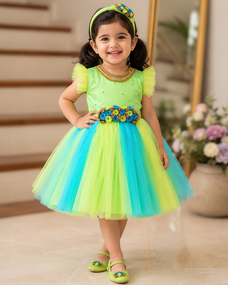 Pista Green Sky Blue Handwork Flower Frock for Baby Girl – Stanwells Kids