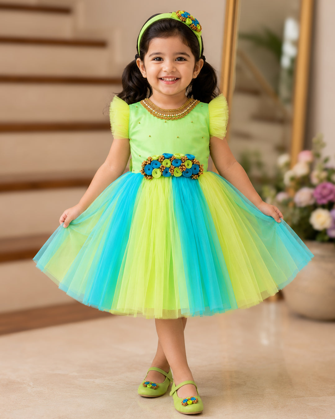 Pistagreen Skyblue Baby Girls Birthday Dress - Handwork Flower Party Frock