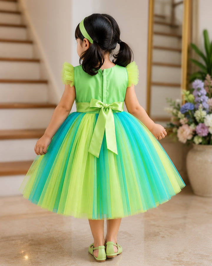 Pistagreen Skyblue Baby Girls Birthday Dress - Handwork Flower Party Frock