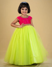 Lime Green & Pink Combo Partywear Hand Embroidery Long Gown