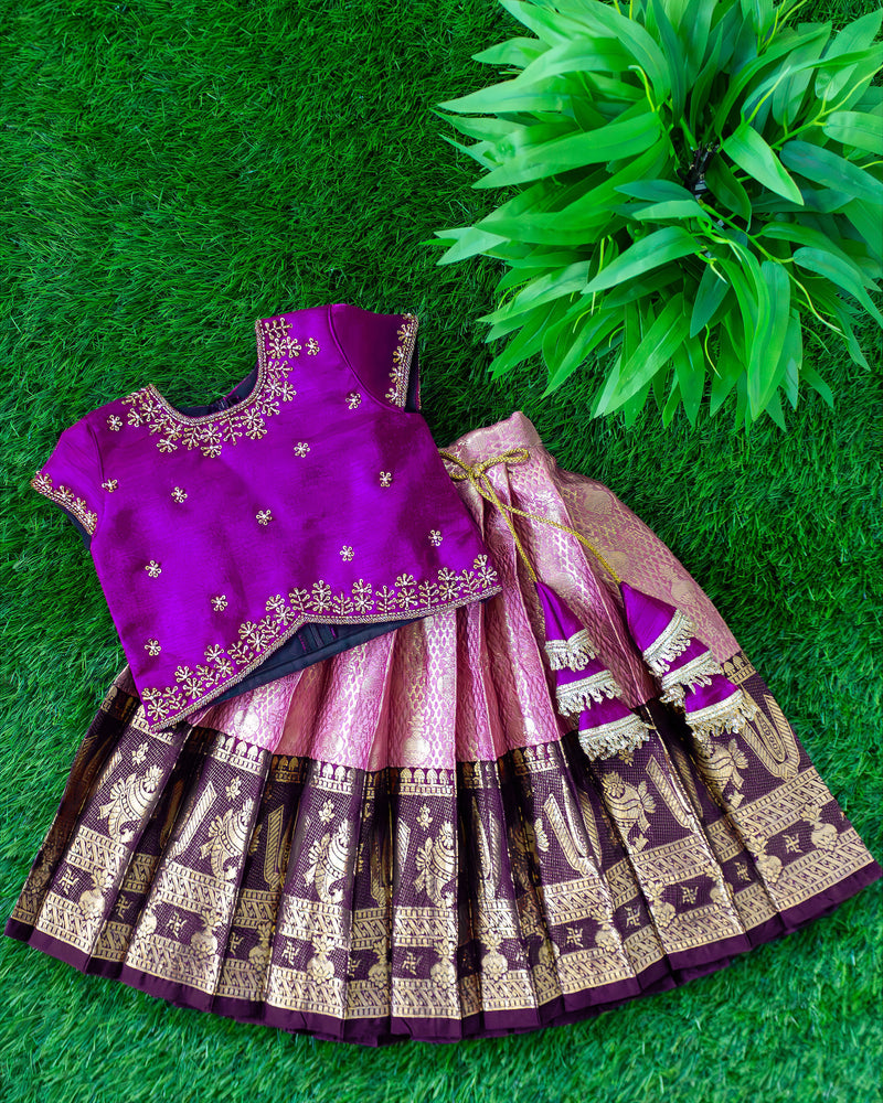 Purple & Pastel Pink Pure Banarasi Silk Handwork Lehenga Choli for Baby Girl – Stanwells Kids