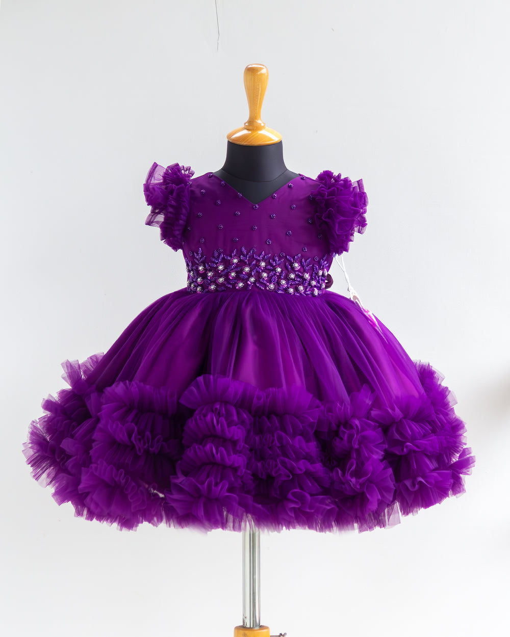 Purple shade heavy handwork birthday frock for baby girl – front view, Stanwells Kids