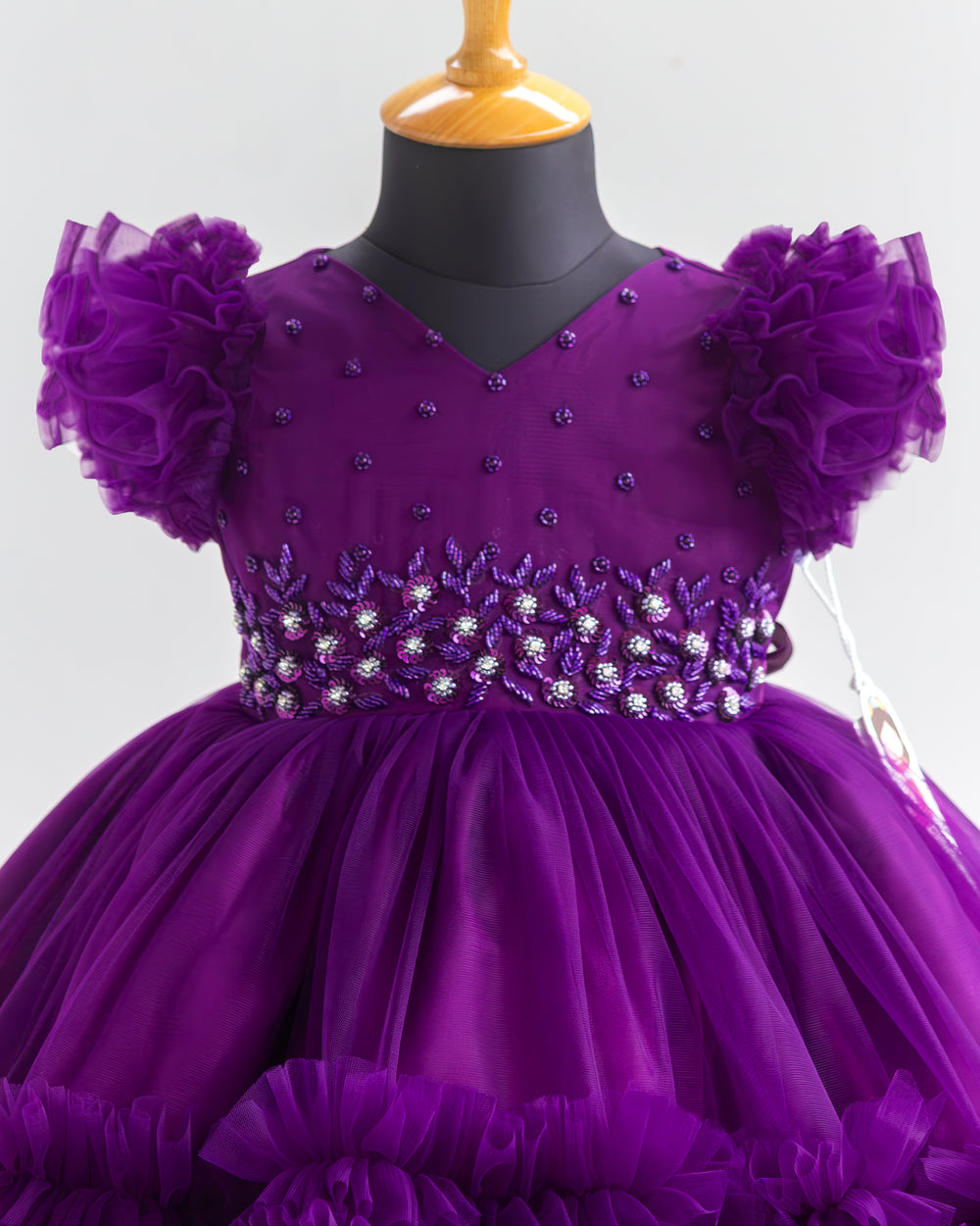 Intricate heavy handwork yoke embellishments on purple shade birthday frock – Stanwells Kids