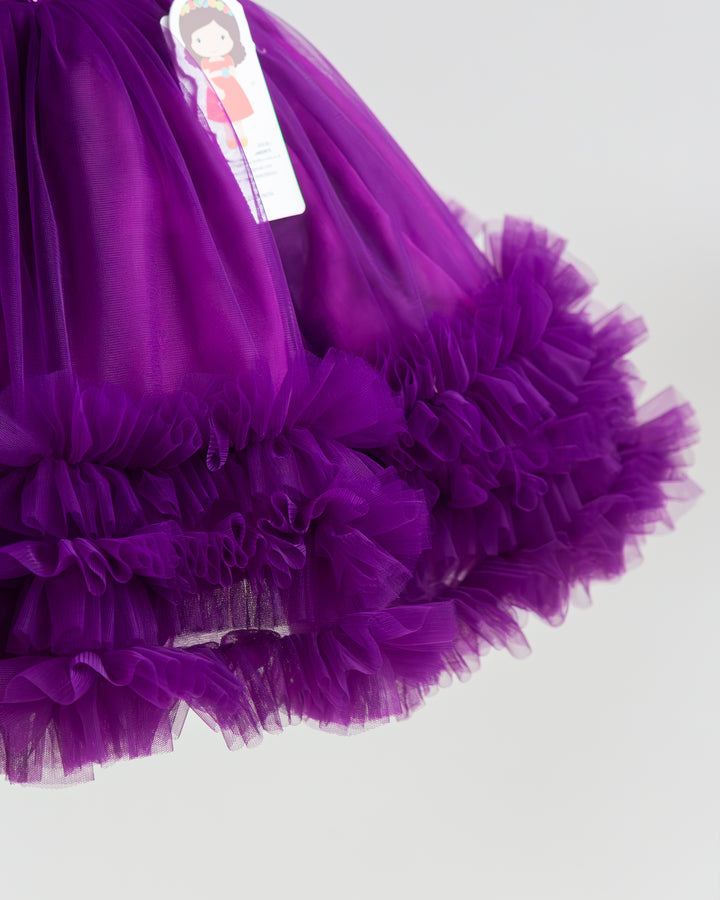Purple shade birthday frock side view with handwork yoke detail – Stanwells Kids