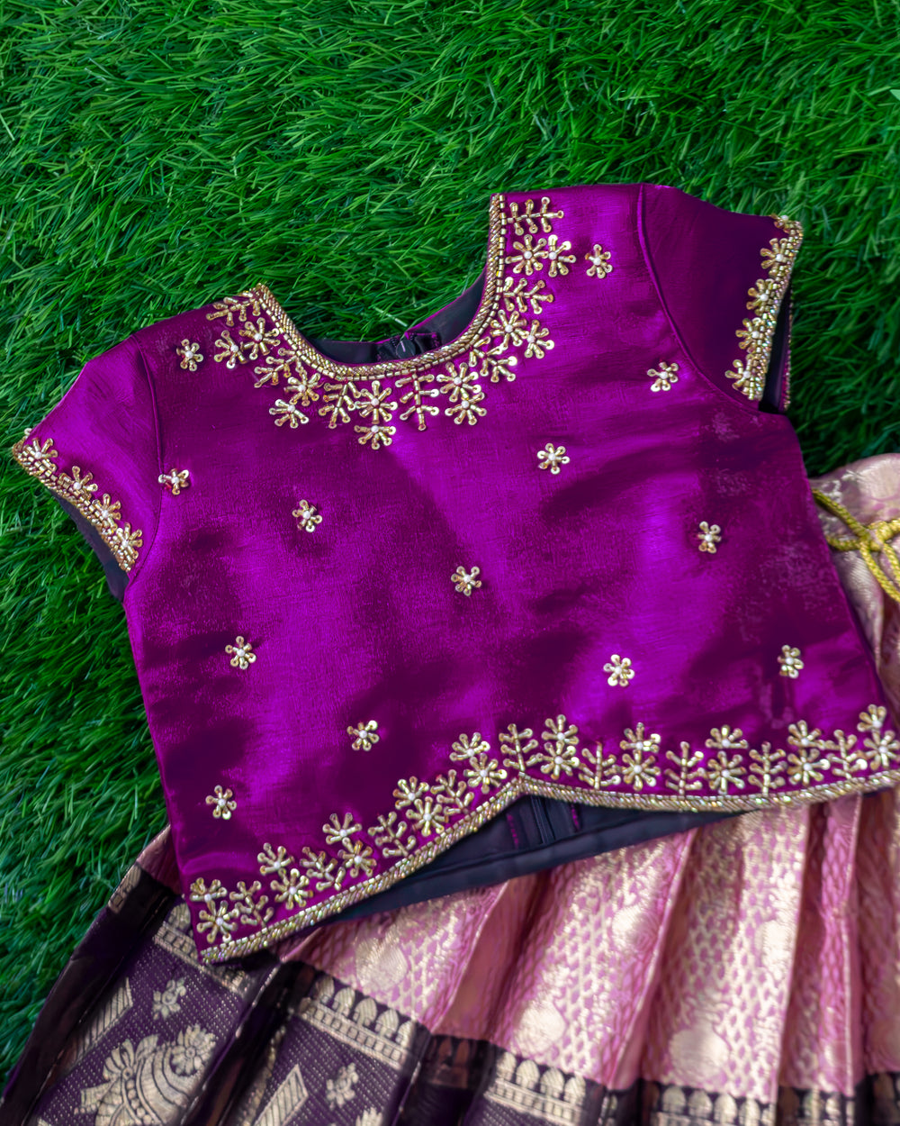 Handwork detail on purple pastel pink Banarasi silk lehenga choli – Stanwells Kids