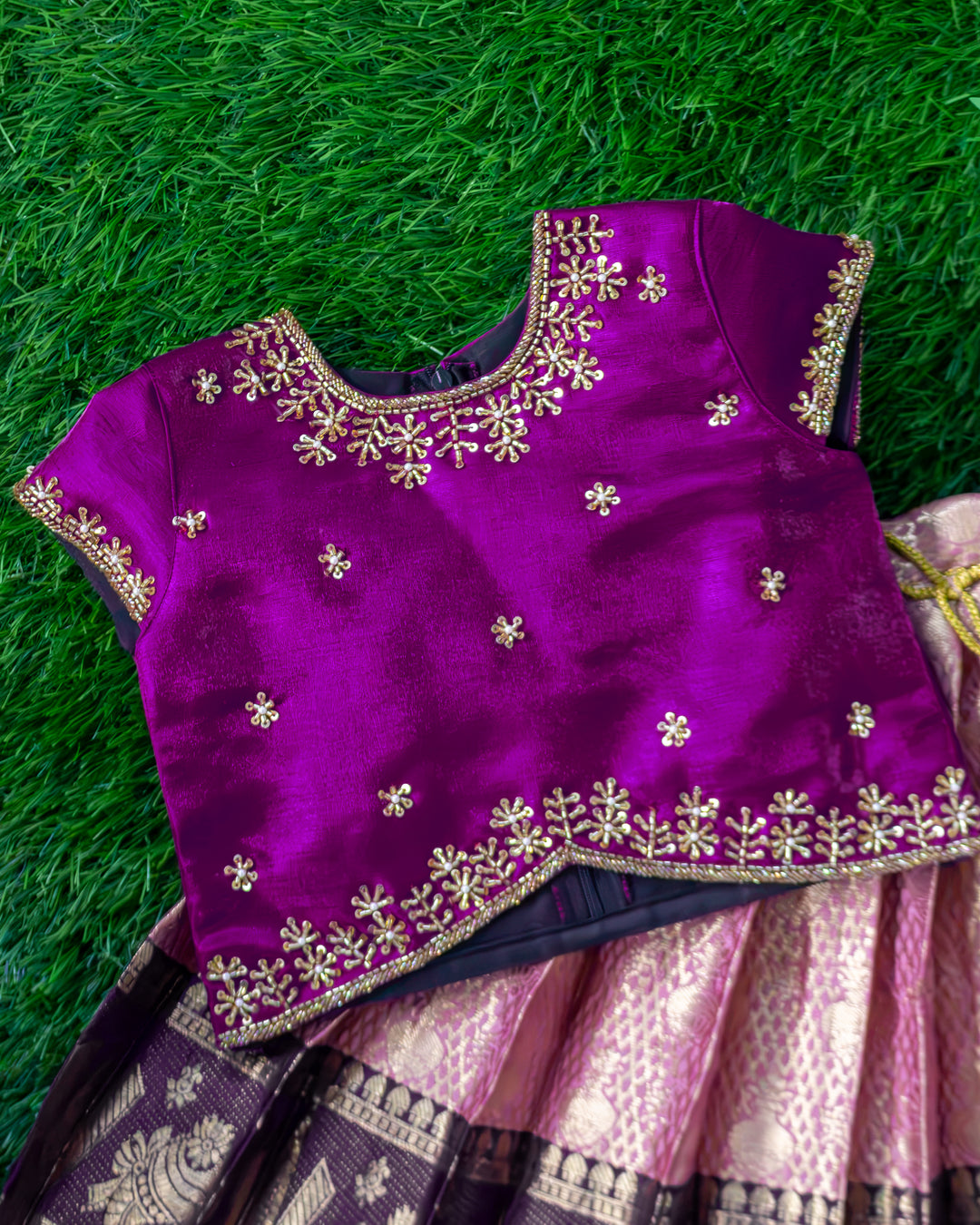 Handwork detail on purple pastel pink Banarasi silk lehenga choli – Stanwells Kids