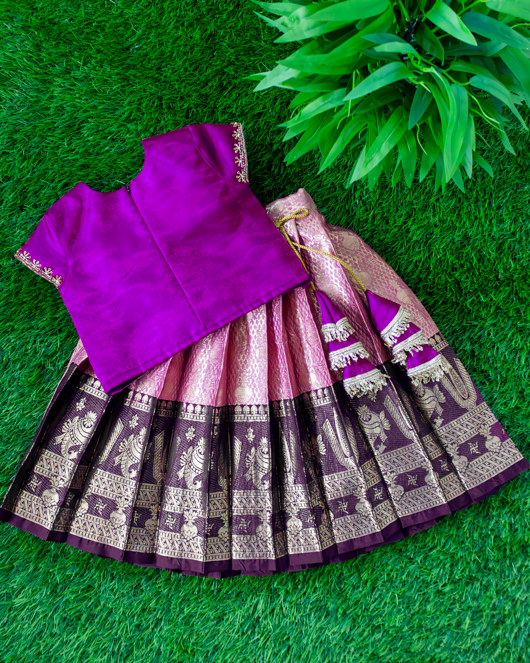 Traditional purple pastel pink Banarasi brocade lehenga choli for girls 3 months to 7 years – Stanwells Kids