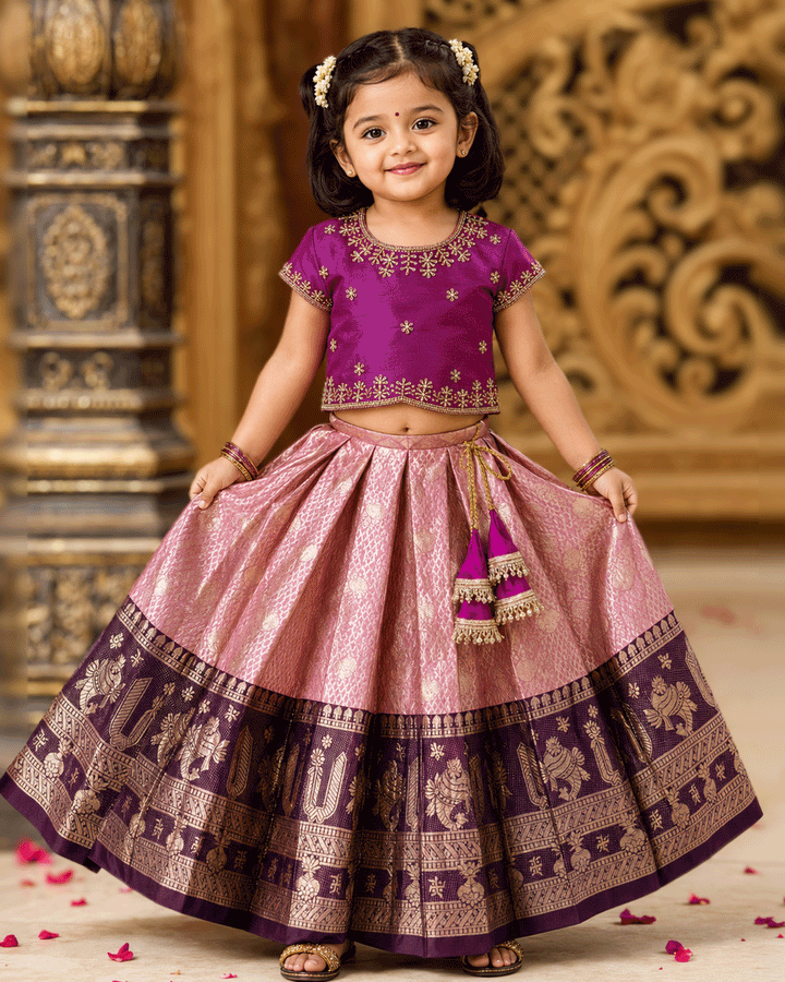 Handwork detail on purple pastel pink Banarasi silk lehenga choli – Stanwells Kids