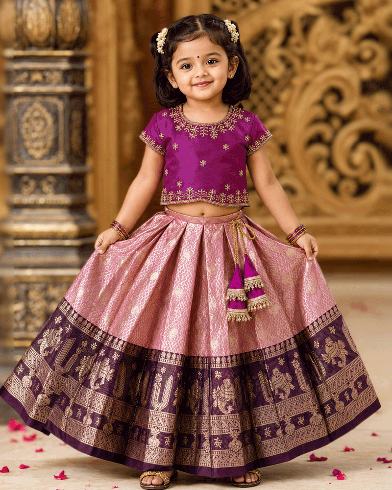 Purple & Pastel Pink Pure Banarasi Silk Handwork Lehenga Choli for Baby Girl – Stanwells Kids