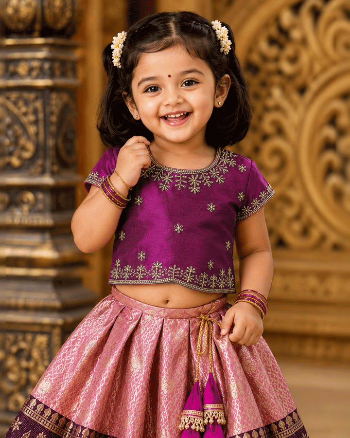Handwork detail on purple pastel pink Banarasi silk lehenga choli – Stanwells Kids
