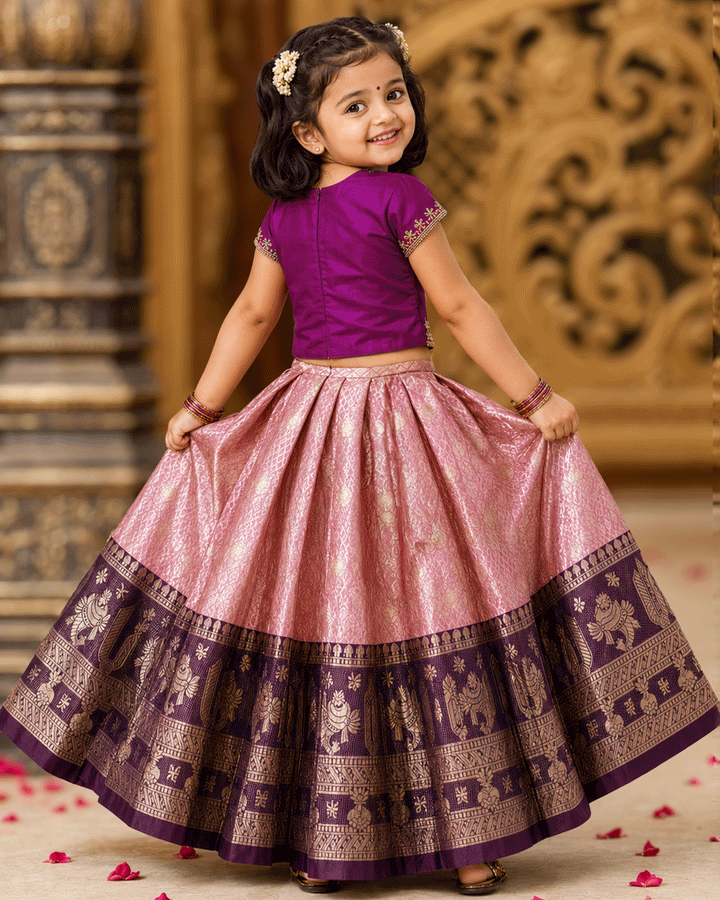Traditional purple pastel pink Banarasi brocade lehenga choli for girls 3 months to 7 years – Stanwells Kids