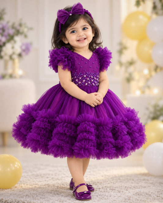 Purple shade heavy handwork birthday frock for baby girl – front view, Stanwells Kids