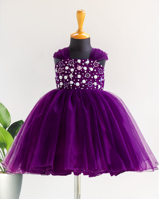 Heavy sequins yoke and handwork detailing on purple shade birthday frock – Stanwells Kids