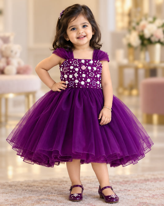 Heavy sequins yoke and handwork detailing on purple shade birthday frock – Stanwells Kids