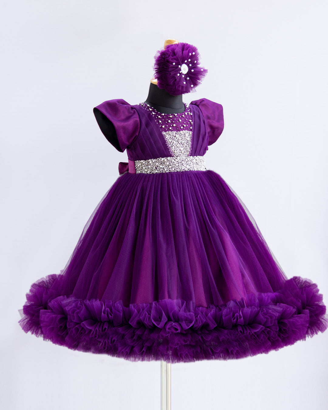 Purple Shade Handwork Pleated Ruffles Floor Length Gown