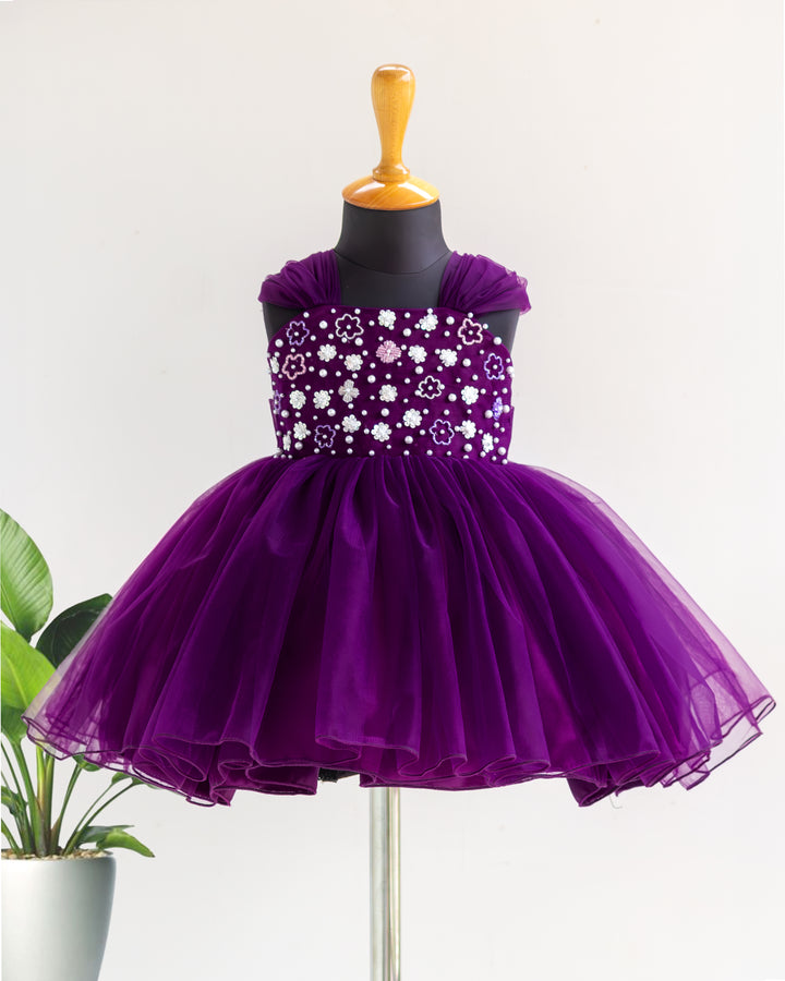 Purple shade sequins handwork premium partywear frock for baby girl – front view, Stanwells Kids