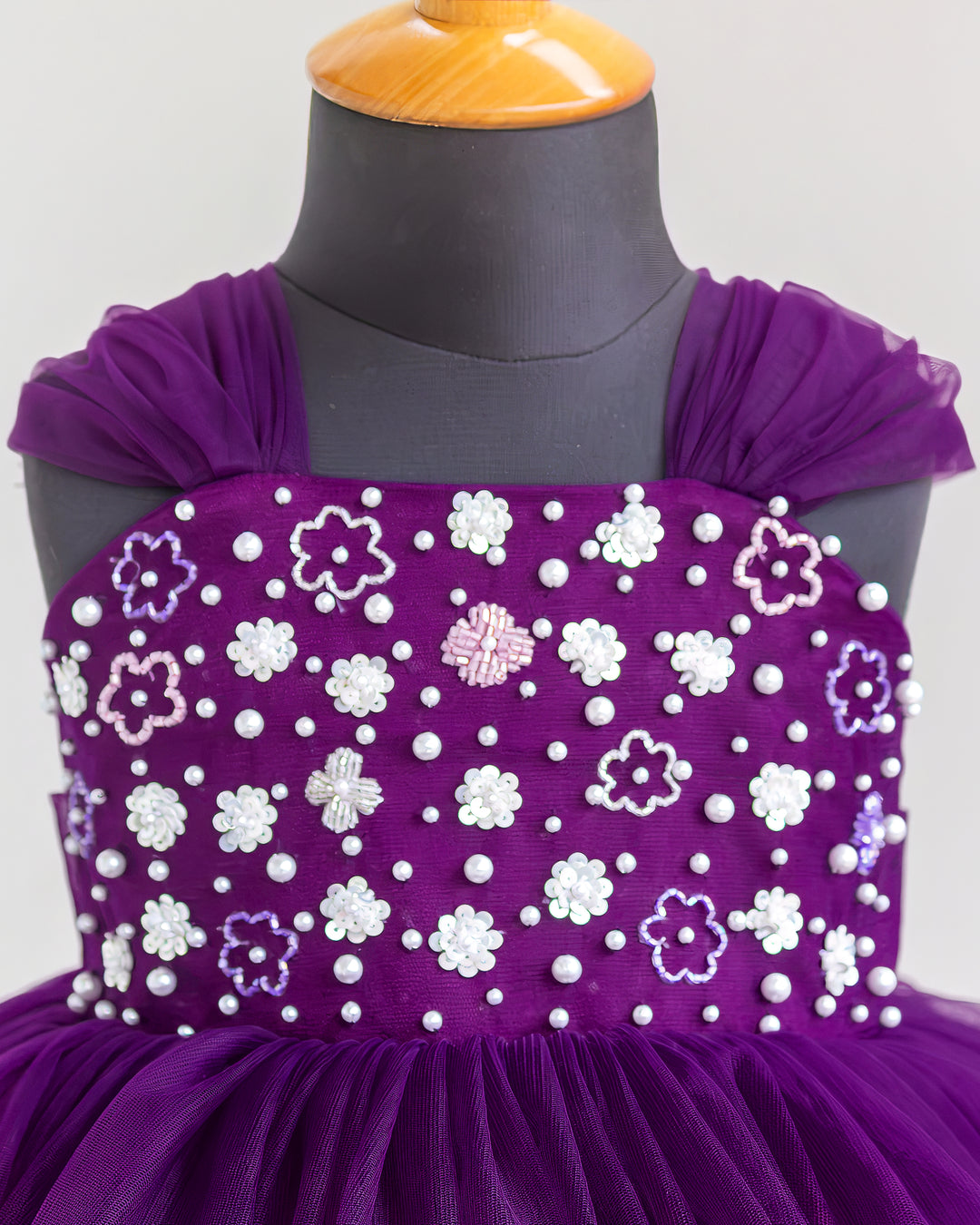 Heavy sequins yoke and handwork detailing on purple shade birthday frock – Stanwells Kids