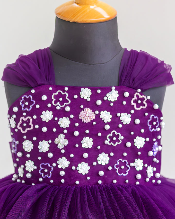 Heavy sequins yoke and handwork detailing on purple shade birthday frock – Stanwells Kids