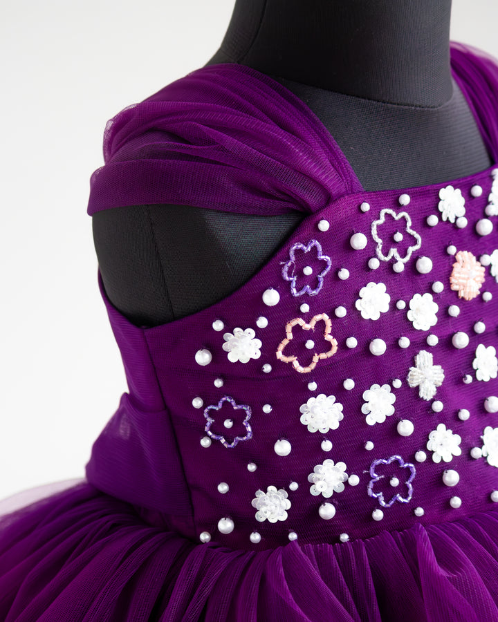 Purple mono nylon net skirt on sequins handwork partywear frock – Stanwells Kids