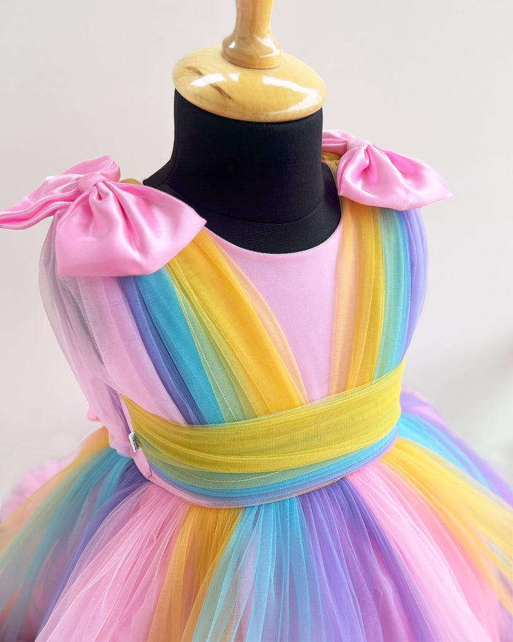 Rainbow theme baby girl birthday dress, multi-colour party frock, heavy ruffles kids birthday outfit