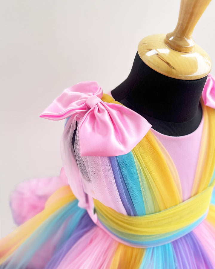 Rainbow theme baby girl birthday dress, multi-colour party frock, heavy ruffles kids birthday outfit