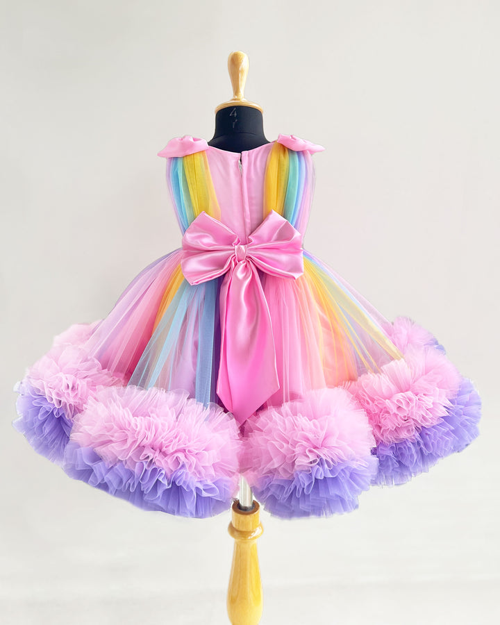 Rainbow theme baby girl birthday dress, multi-colour party frock, heavy ruffles kids birthday outfit