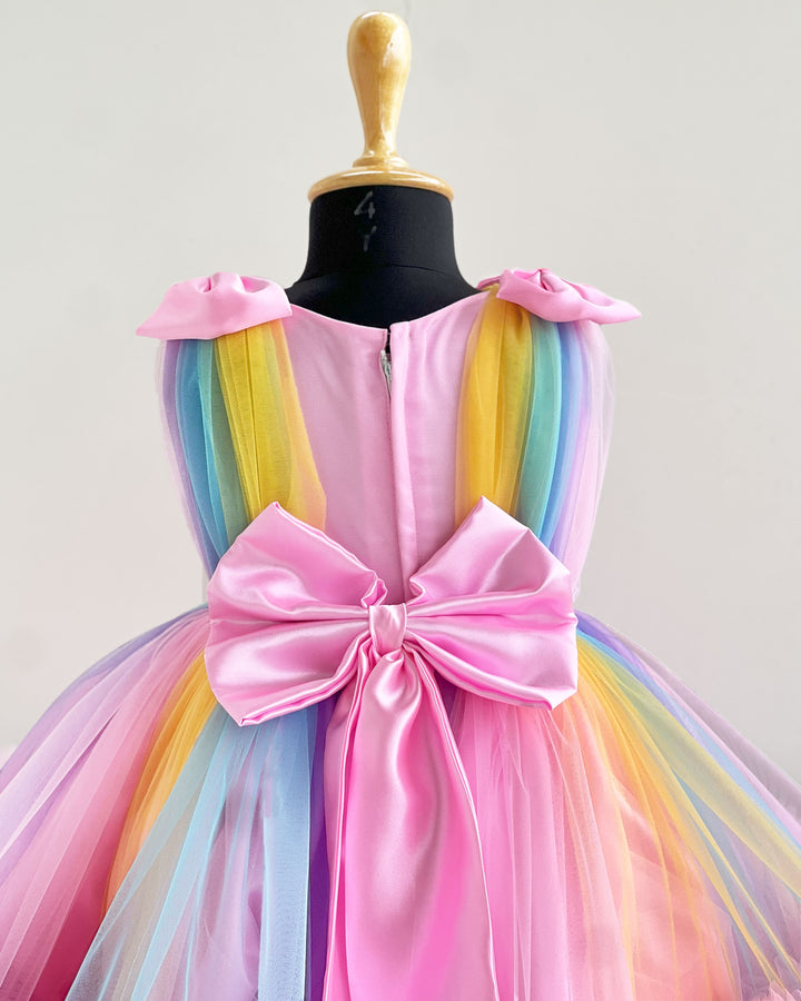 Rainbow theme baby girl birthday dress, multi-colour party frock, heavy ruffles kids birthday outfit