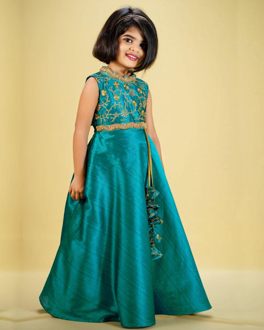 Rama Green  Halter Neck Embroidery Silk Long Gown
