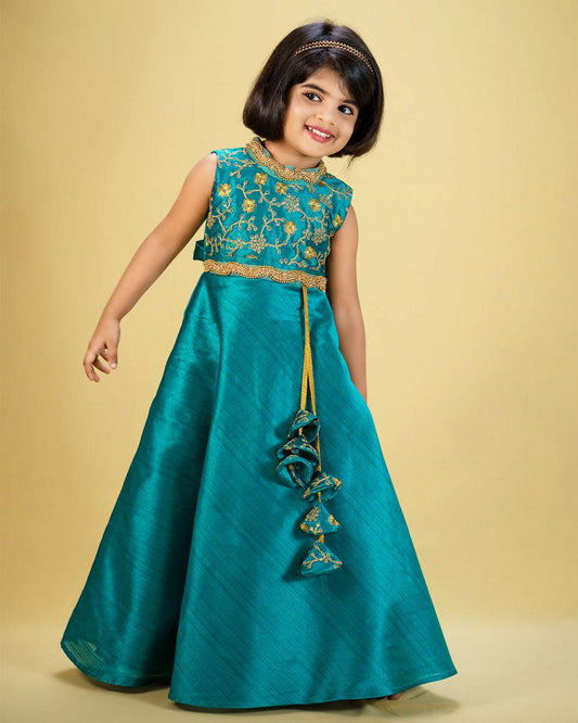 Rama Green  Halter Neck Embroidery Silk Long Gown