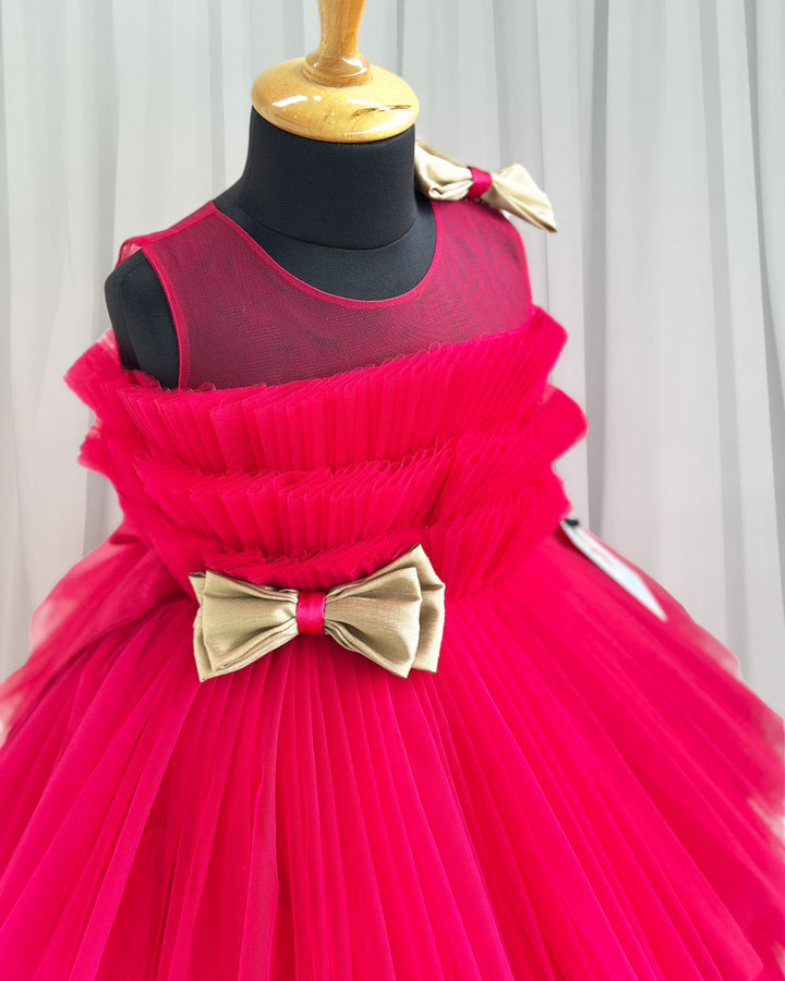 Rani pink tail frock, elegant pleated birthday dress, baby girl party wear, stylish frock for girls, pink shade kids frock